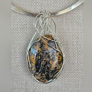 Black and Tan Jasper Sterling Silver Wire Wrapped Pendant